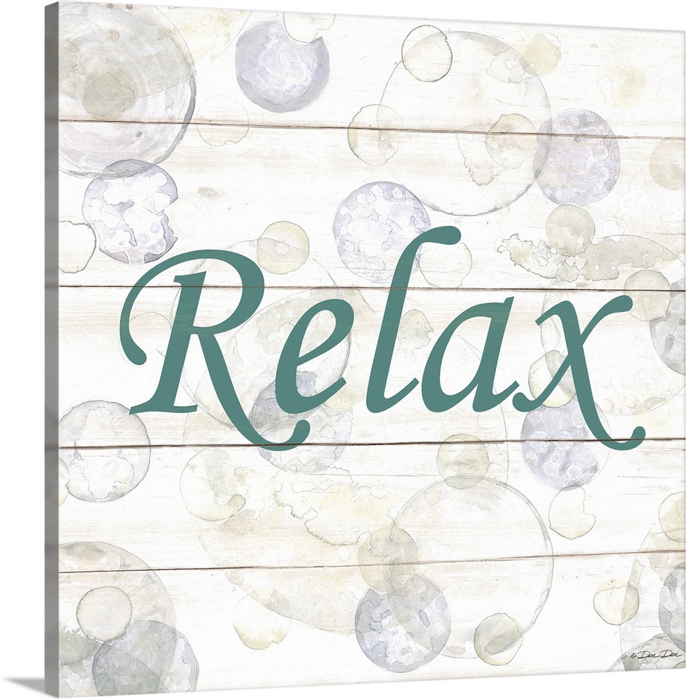 The word "Relax" surrounded by bubbles on a light background with a wooden effect.