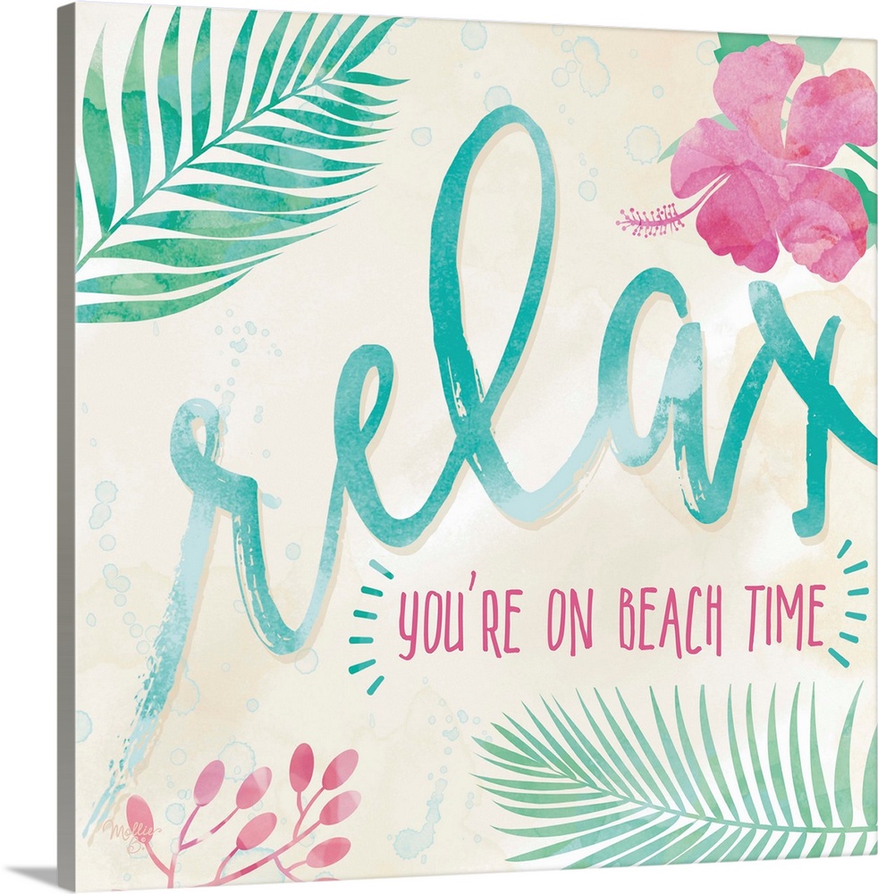 Beach-themed artwork with "Relax" in large script with a motif of tropical leaves and flowers.