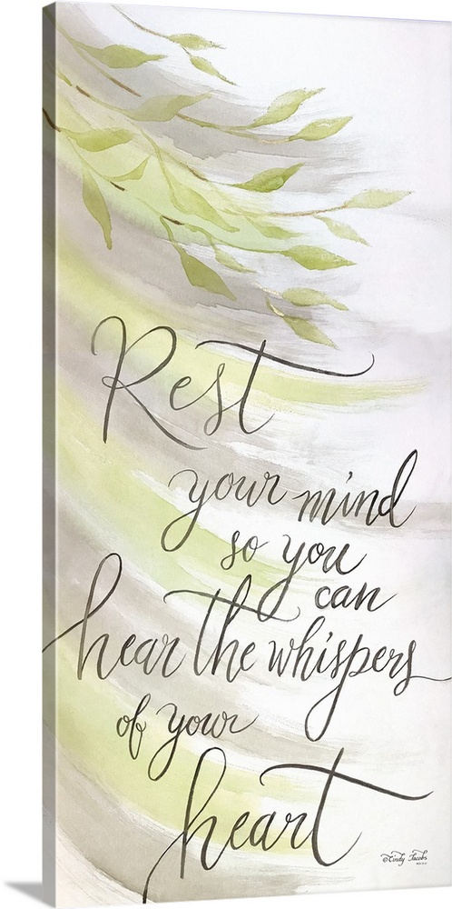 Digital artwork of flowing watercolor leaves featuring the words: Rest you mind so you can hear the whispers of your heart.