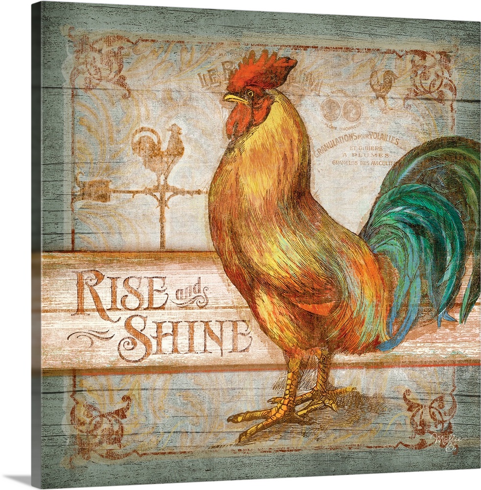 Home decor artwork of brilliantly colored rooster against a distressed wooden background.