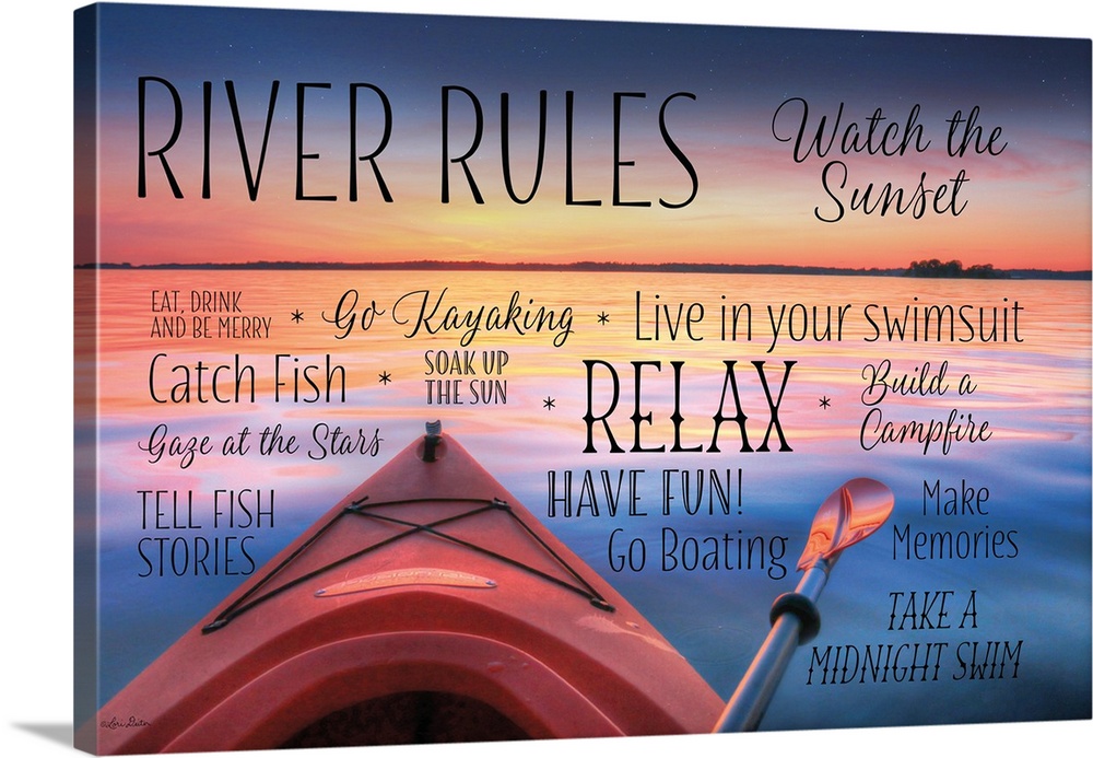 Photo of a kayak on a lake at sunset, with "River Rules" in different fonts and sizes around it.