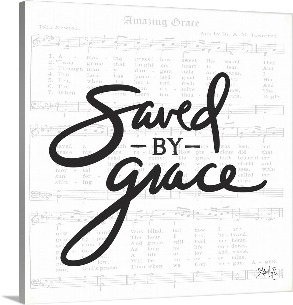 Typography of the phrased "saved by grace" with the sheet music for Amazing Grace in the background.
