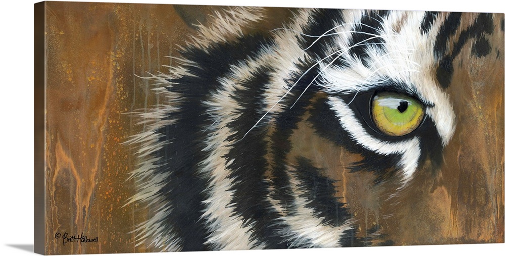 A large horizontal close of image of the eye of a tiger with textured streaks of paint.