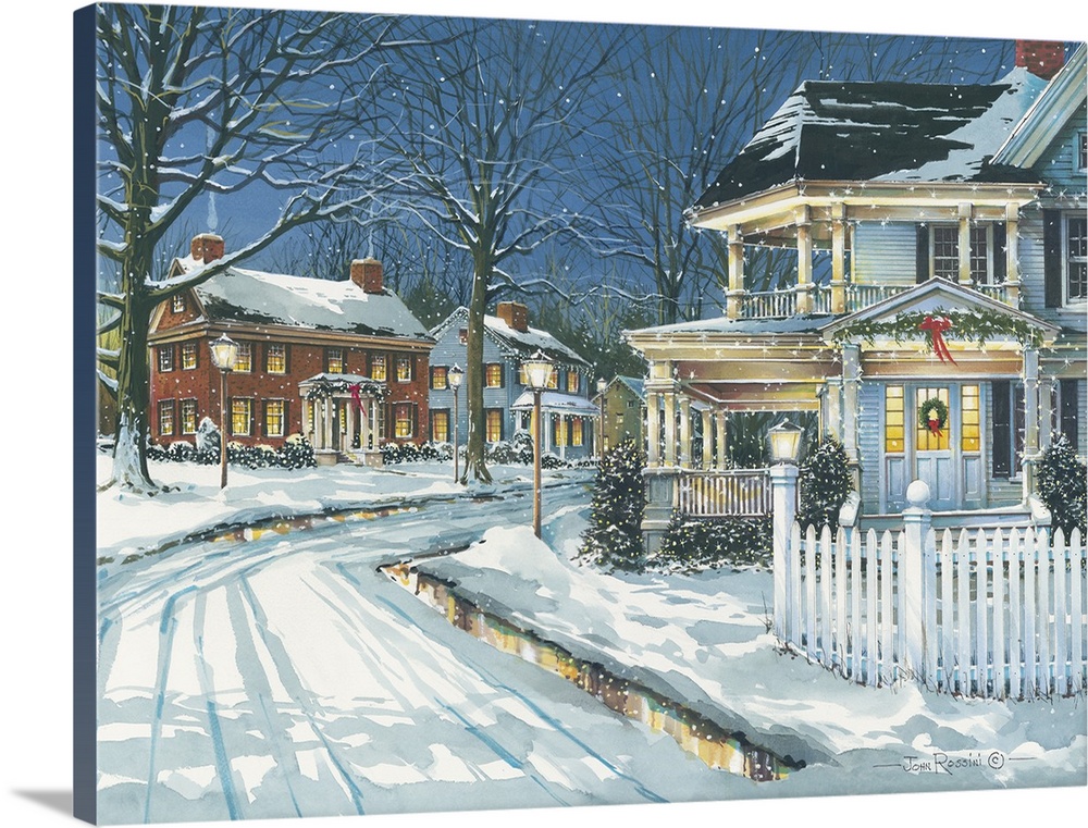 Contemporary artwork of a neighborhood snowy landscape.