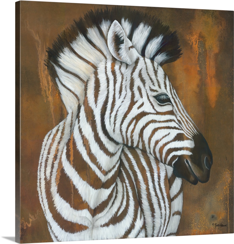 Contemporary square painting of a zebra against a textured rust colored background.