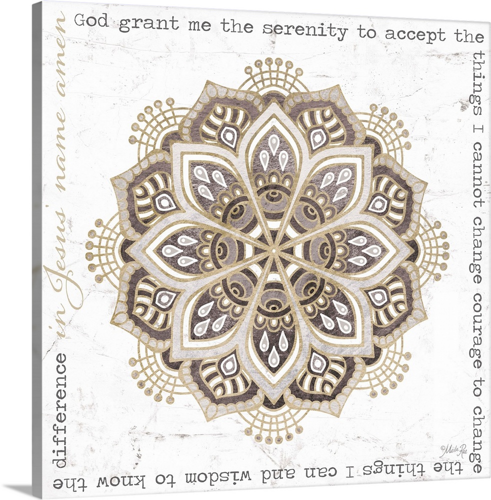 Floral mandala design in muted earth tones, framed by a written prayer.