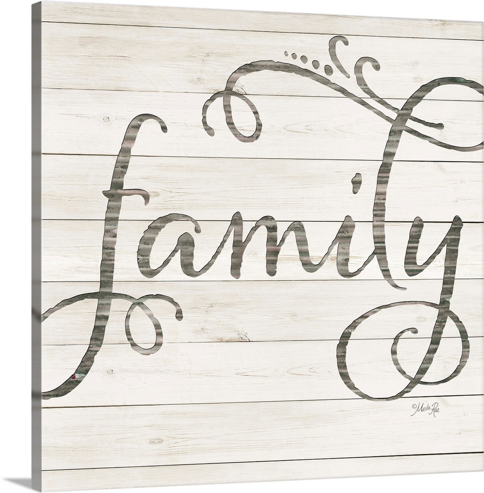 "Family" situated on a white shiplap background.