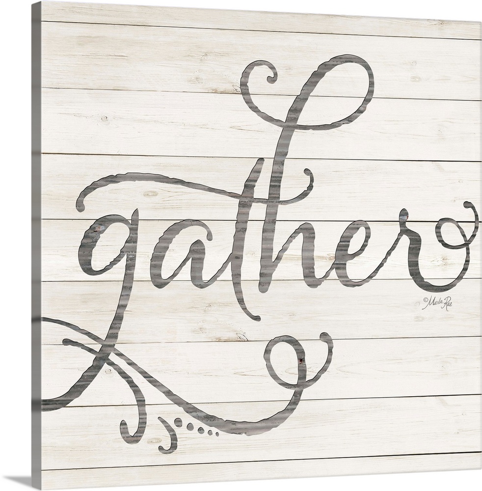 "Gather" situated on a white shiplap background.