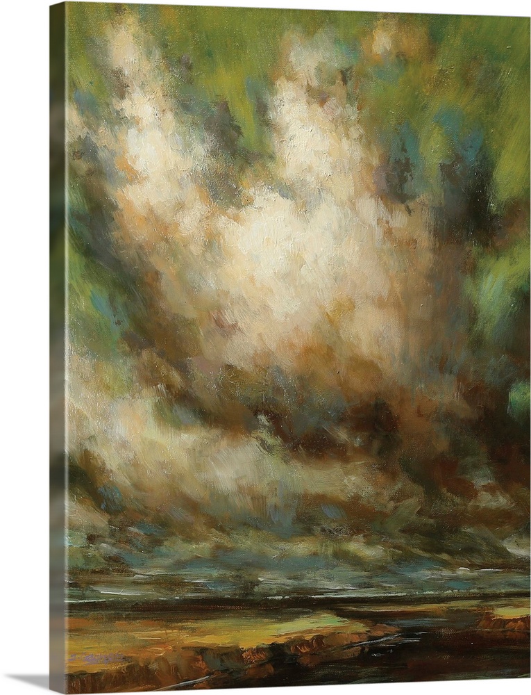 Contemporary painting of dramatic dark storm clouds in the sky.