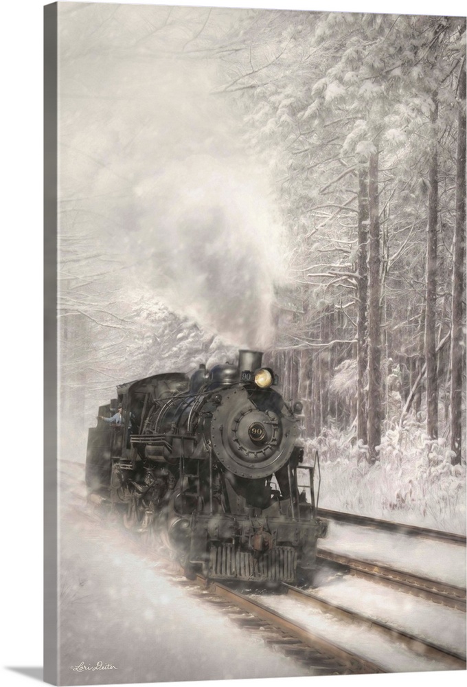 Contemporary artwork of a steam engine driving through a forest during a snowstorm.