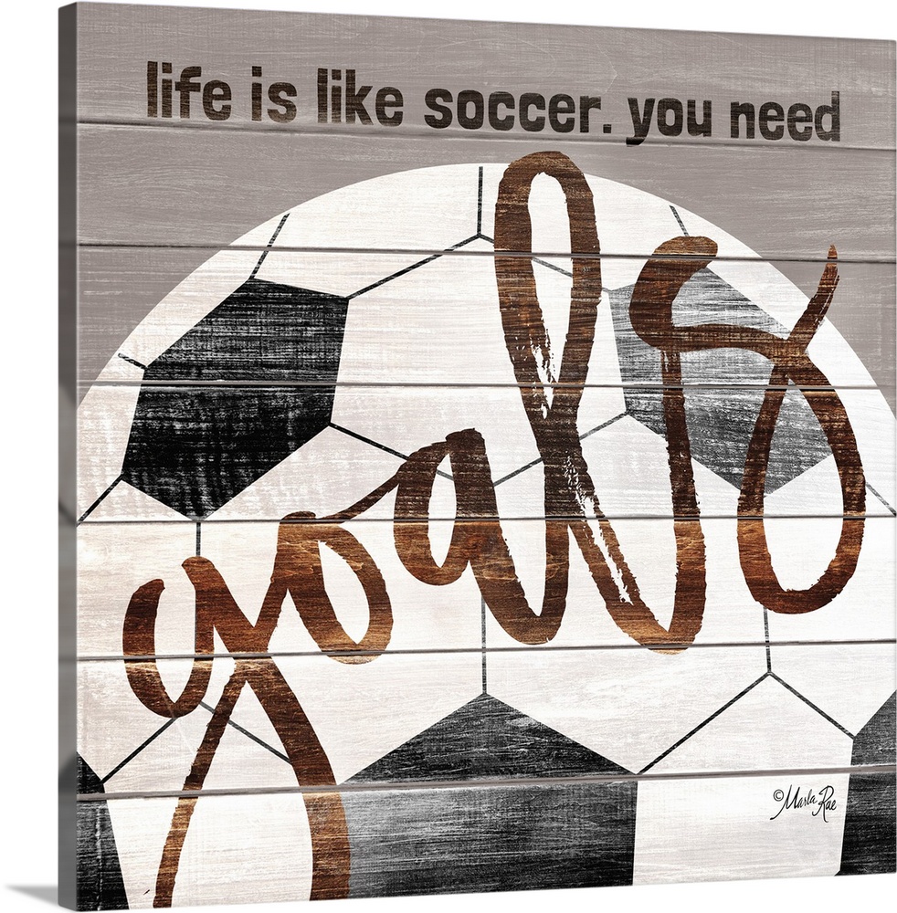 Soccer themed typography art on a wooden board background.