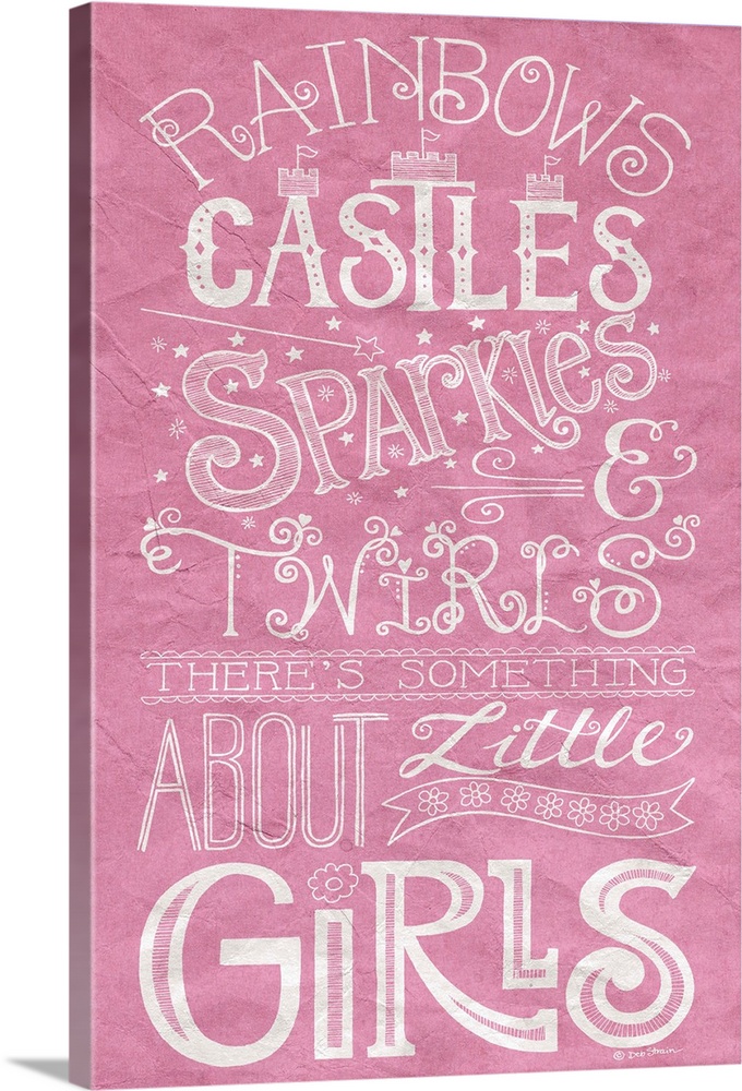 Handlettered home decor art for a girl's room, with white lettering against a distressed pink background.