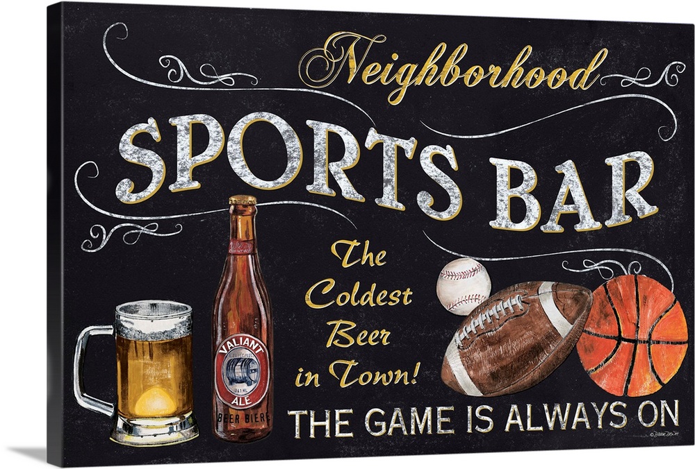 A chalkboard style sign with beer, a football, and basketball.