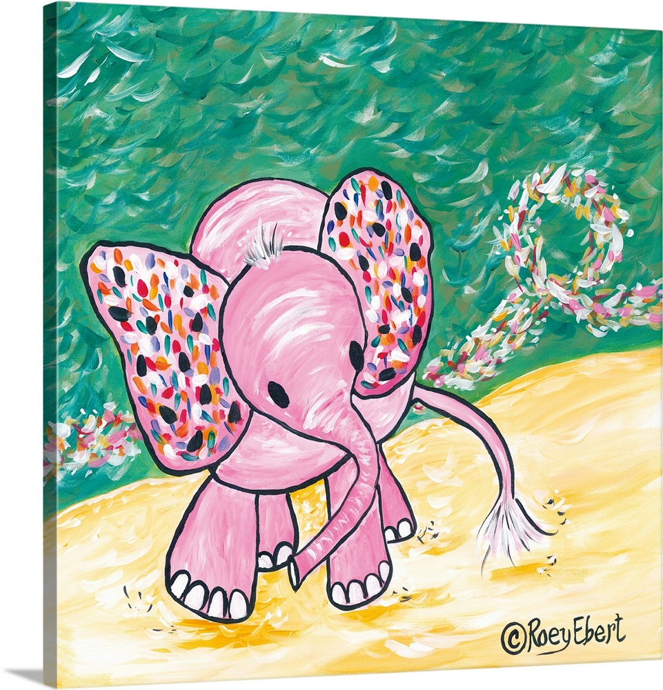 Artwork of a pink elephant with ears covered in multicolored dots.
