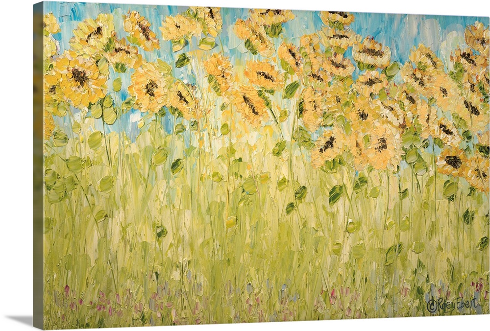 An horizontal contemporary painting of a sunflower field with an organic textured quality.