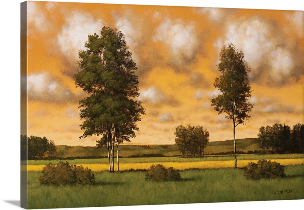 Painting of two tall trees in a field against an orange sunset sky.