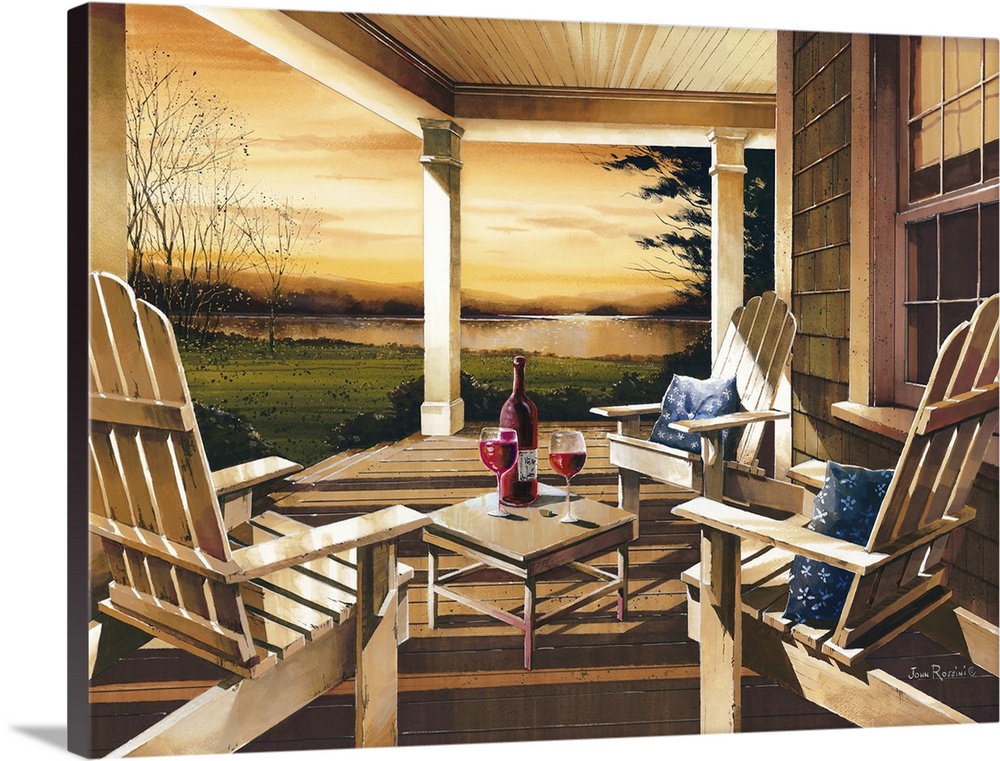 Art print of adirondack chairs on a covered porch overlooking the lake in afternoon light.