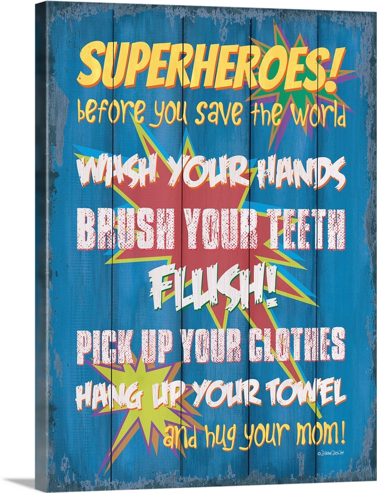 Kids' typography art with a comic superhero theme, encouraging proper bathroom habits.