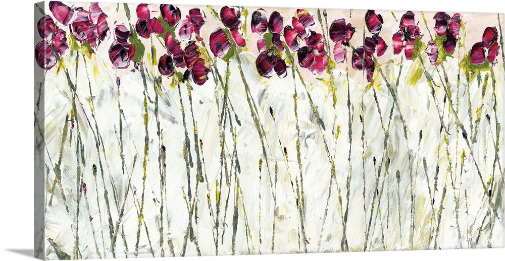 Contemporary art print of magenta colored sweet pea flowers with tall thin stems.