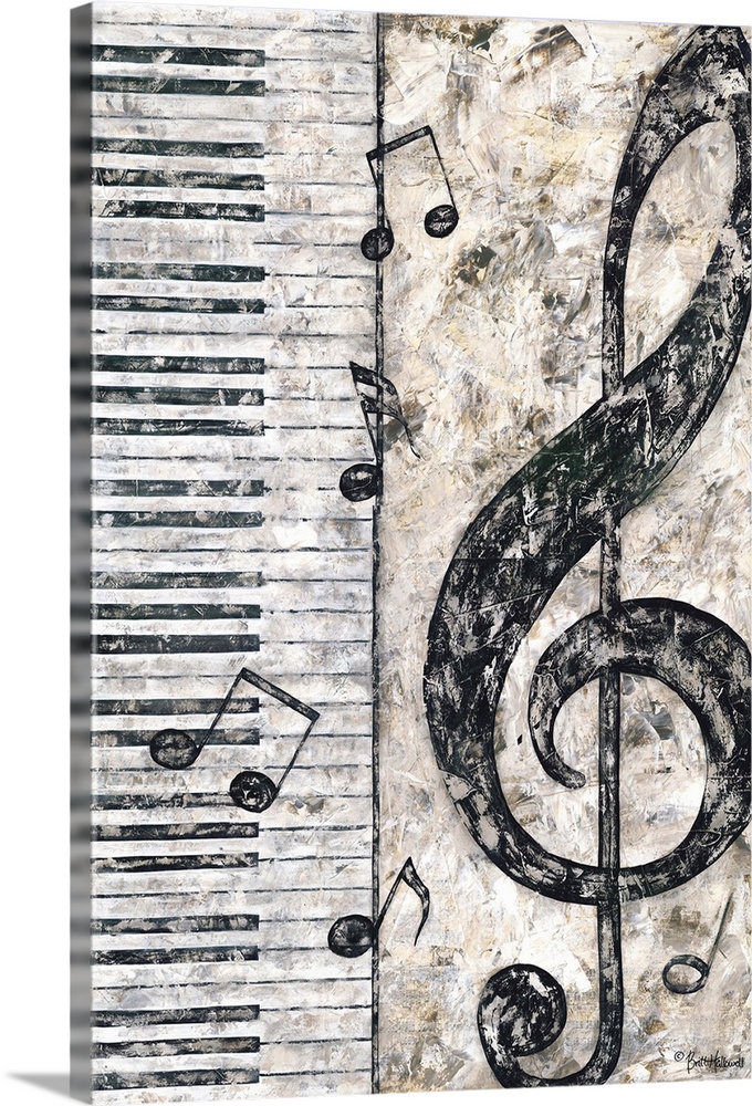 Painting of a large treble clef next to a piano keyboard.