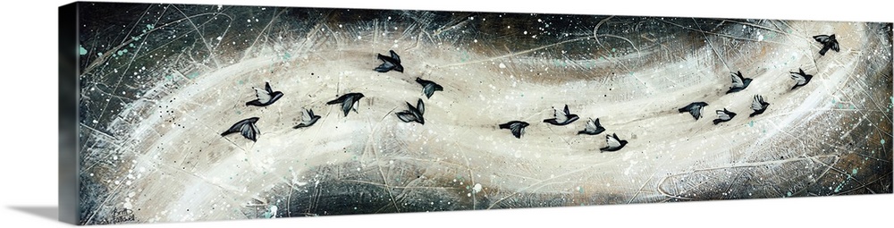 Contemporary art print of a flock of birds in flight, in a swooping formation.