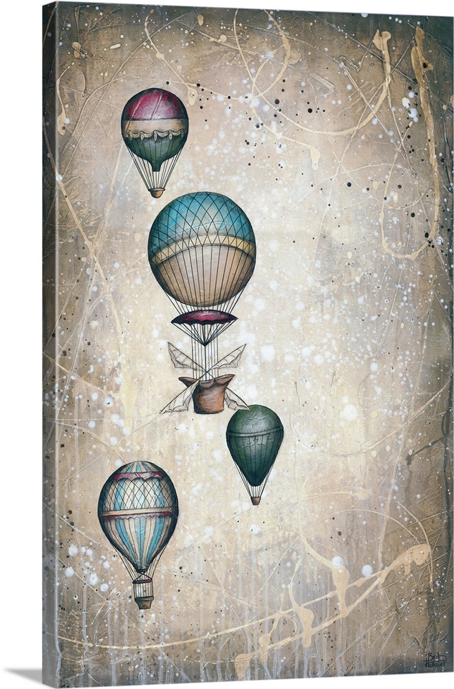 Contemporary artwork of four patterned hot air balloons floating in the sky.