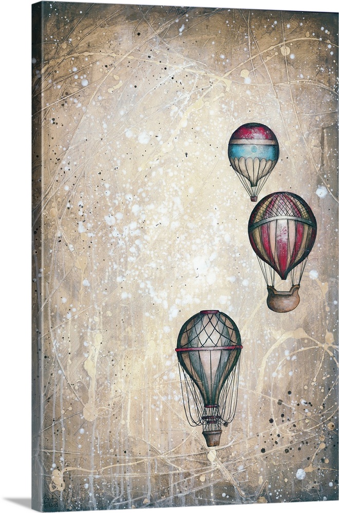 Contemporary artwork of three patterned hot air balloons floating in the sky.