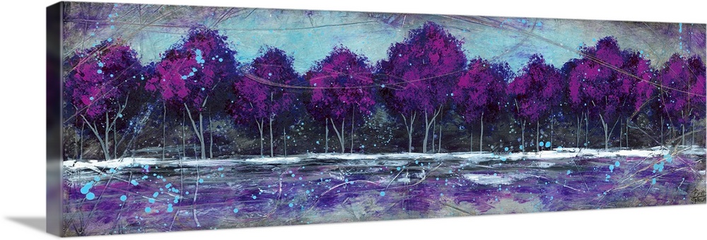Dreamy painting of a forest of deep purple trees at the edge of a clearing.