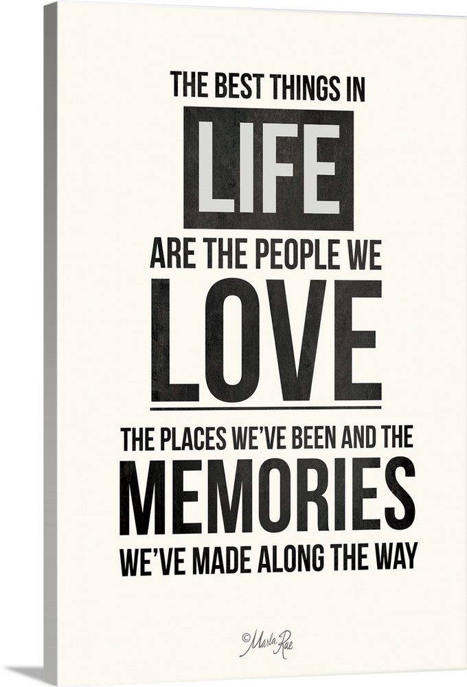 Bold typography design in black and white about love, family, and memories.