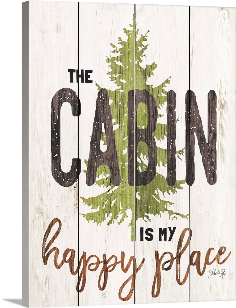 Fun lodge-themed sign with a pine tree motif on a wooden board background.