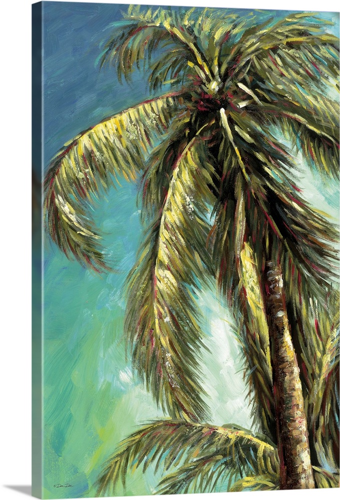 Contemporary art print of a coconut palm with leafy fronds, swaying in the breeze.