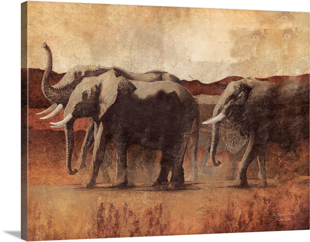 Art print of three elephants walking in the savanna, in rich brown tones.