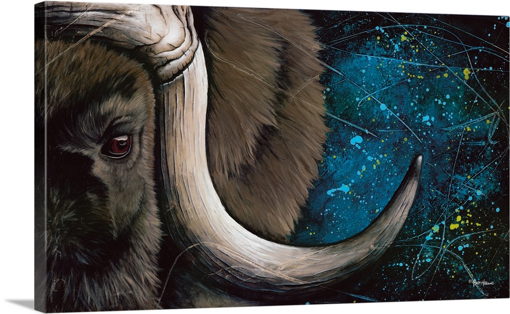 Contemporary artwork of a close up musk ox's eye and horn.