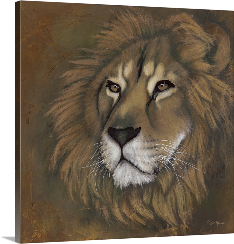 A square contemporary painting of the majestic lion with textured brush strokes.