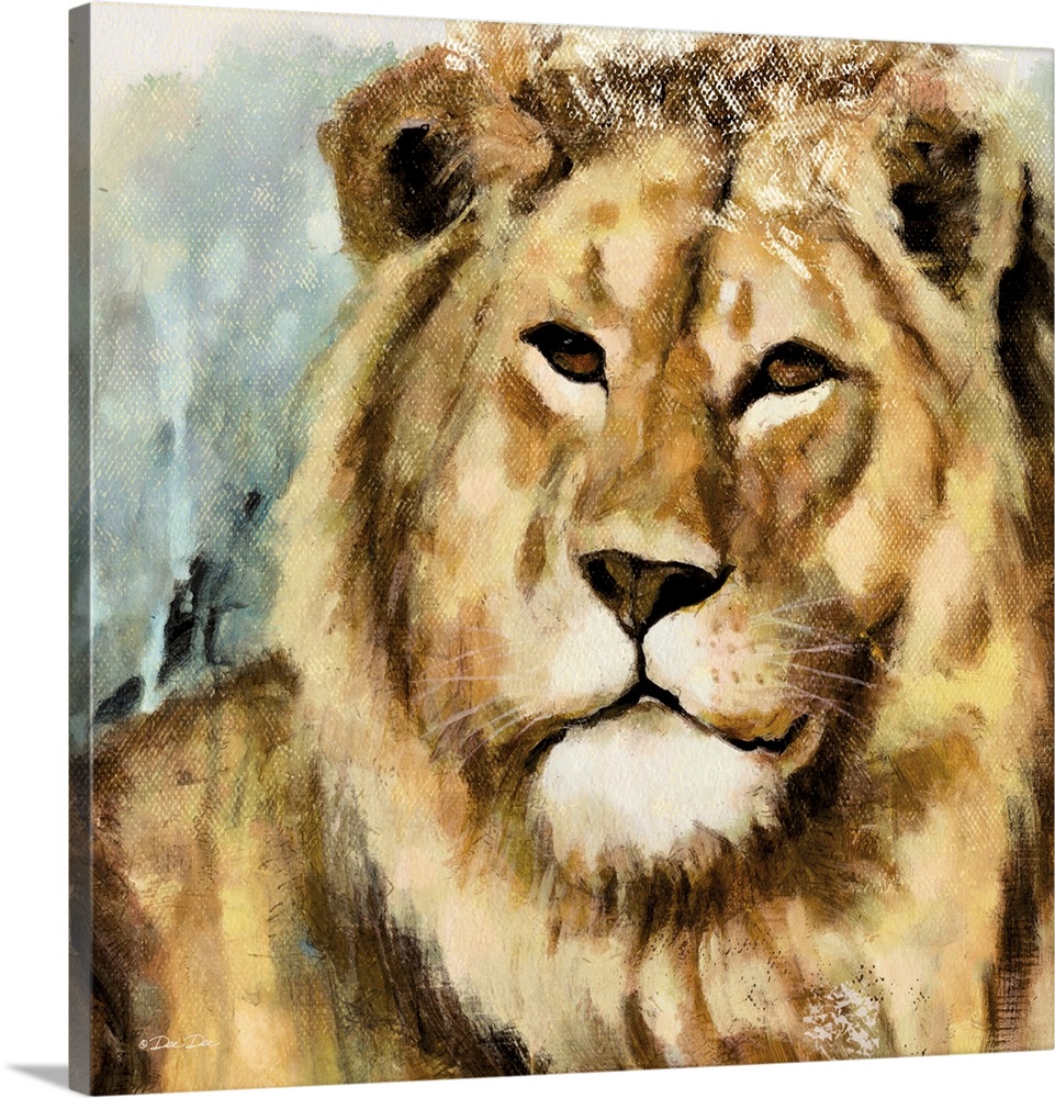 Contemporary portrait of a lion with a slight smile.