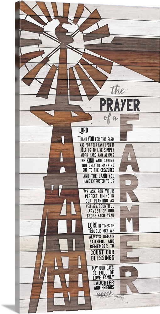 A religious prayer for the life of a farmer with a windmill design on a wooden board background.