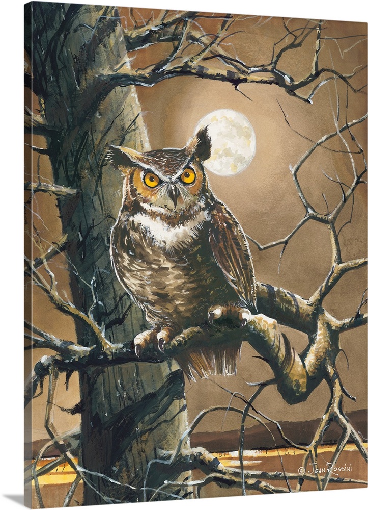 Contemporary artwork of an owl perched on a branch with the moon in the background.
