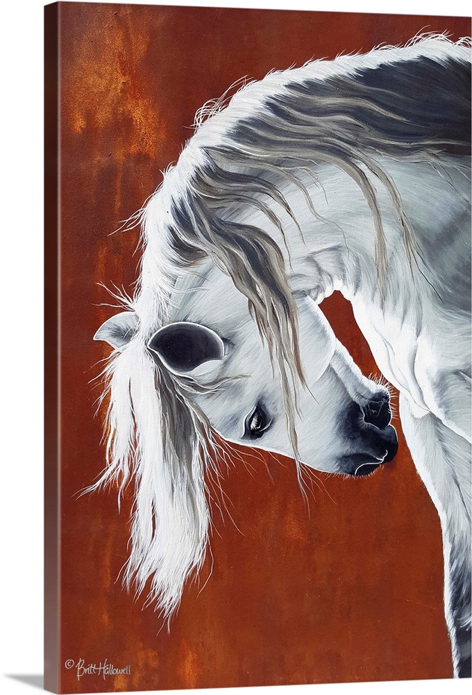 Vertical contemporary painting of a muscular white horse on a rust background.