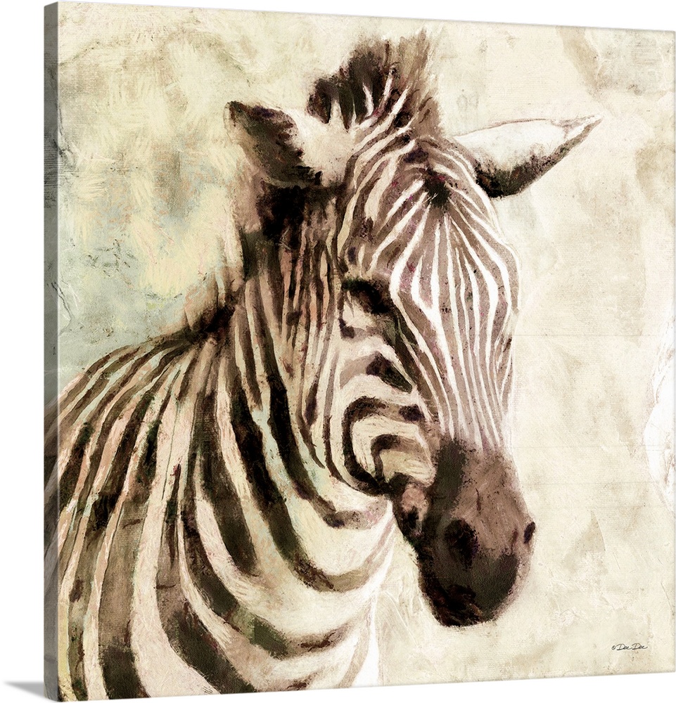 Watercolor portrait of a zebra on a tan background.