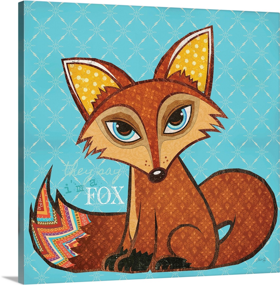 Contemporary home decor art of a cute red fox against a beautiful blue patterned background.