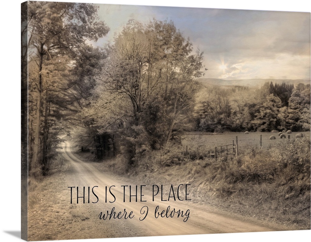 Text over an image of a dirt road leading into a forest in the countryside.