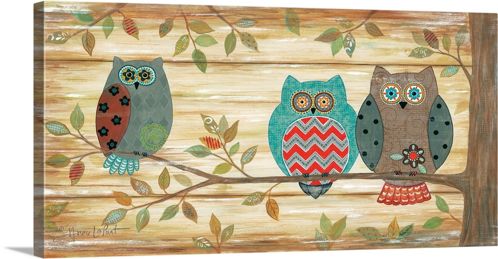 Cute illustration of three owls with floral designs, perched on leafy branches.