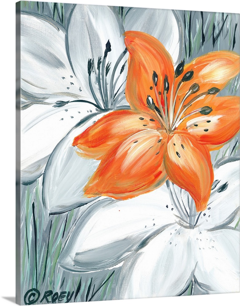 A vertical contemporary painting of a orange tiger lily in the middle of white.