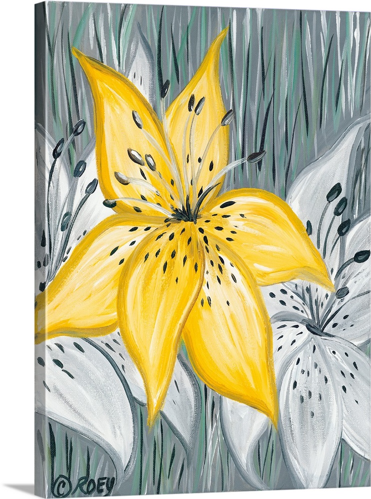 A contemporary vertical painting of a yellow Tiger Lily.