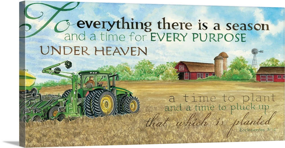 Faith based typography art over an illustration of a tractor in a field near a farm and barn.