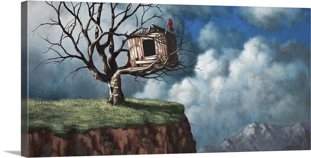 Contemporary painting of a treehouse in a large tree over a cliff with cloudy skies.