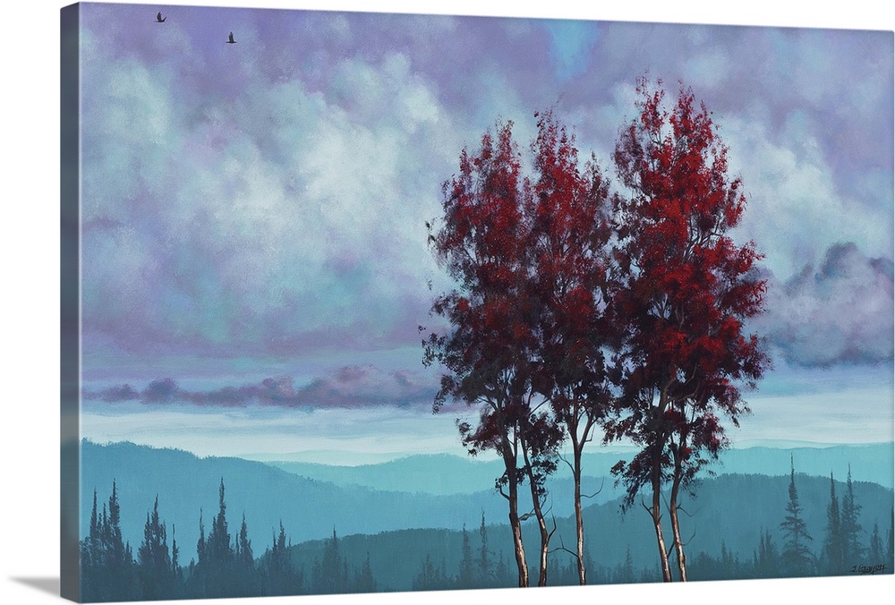 Contemporary artwork of two tall trees with red leaves over a blue landscape.