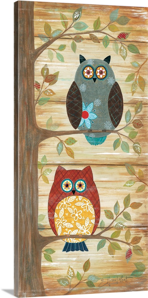 Cute illustration of two owls with floral designs, perched on leafy branches.