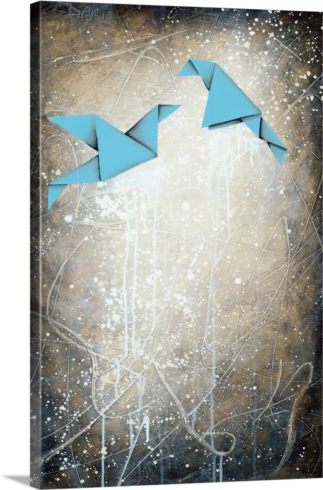 Contemporary art print of two blue origami birds on a background of paint splatters.