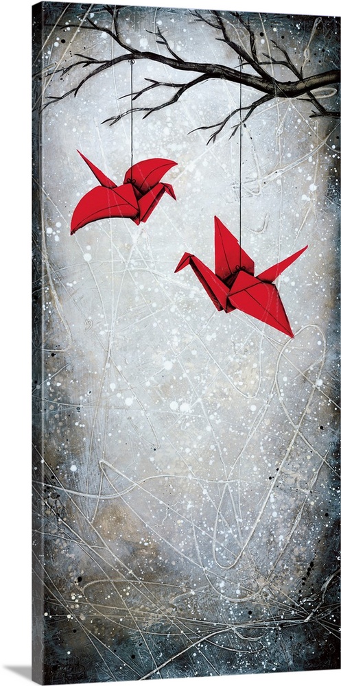 Contemporary art print of two red origami cranes hanging from a branch.